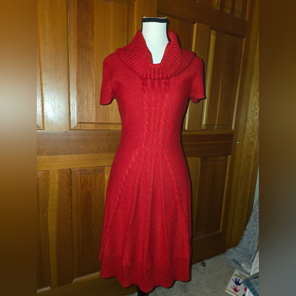 Eliza J Red sweater dress fit and flare Midi cowl neck size M - Picture 2 of 9